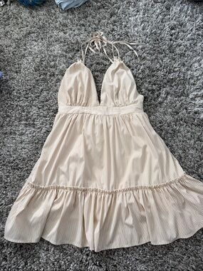 HYFVE Cream Pinstripe Halter Mini Dress